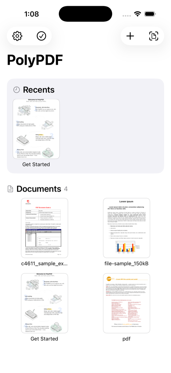 La bibliothèque de documents PolyPDF avec les récents et les PDF enregistrés