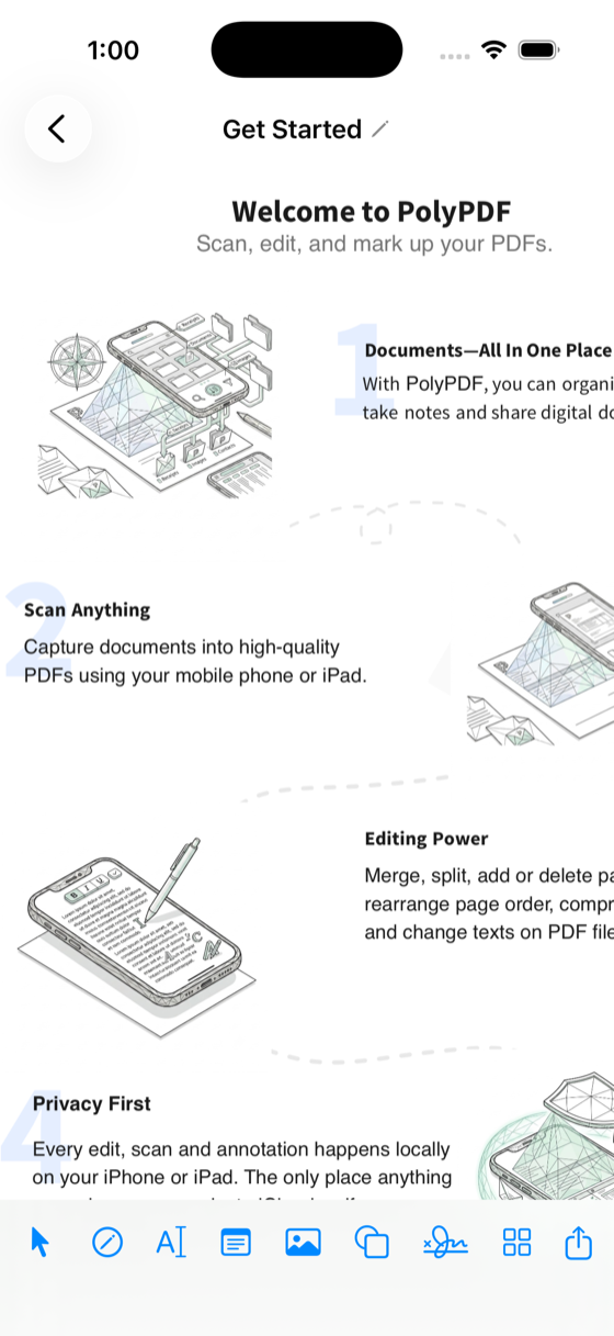 Écran d’accueil de PolyPDF vous invitant à scanner, modifier et annoter des PDF